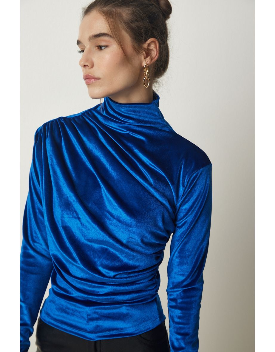 Women's Blue Gathered Collar Elegant Velvet Blouse
