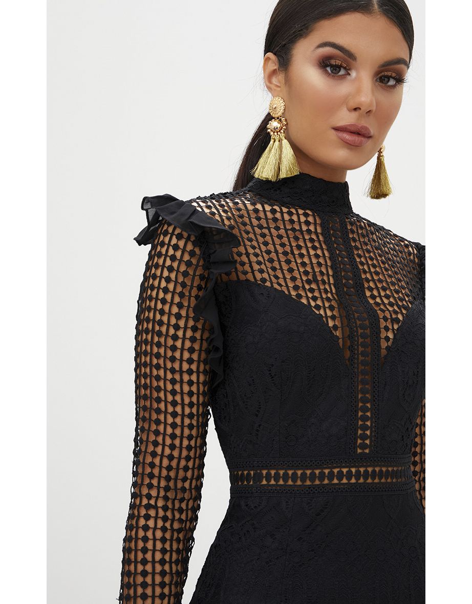 Black Lace Chiffon Frill Detail Bodycon Dress - 4