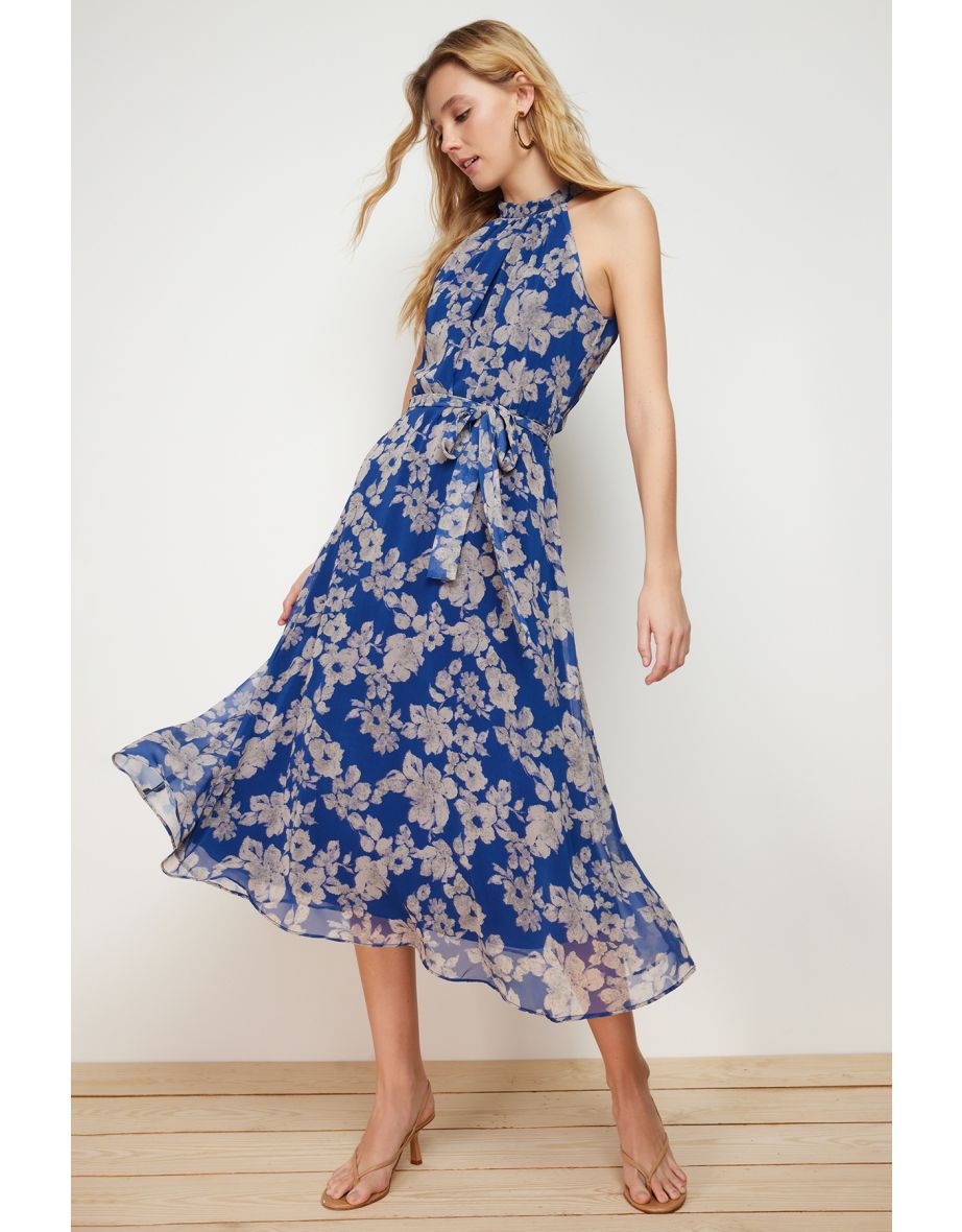 Navy Blue Belted A-Line Midaxi Woven Lined Floral Patterned Dress
