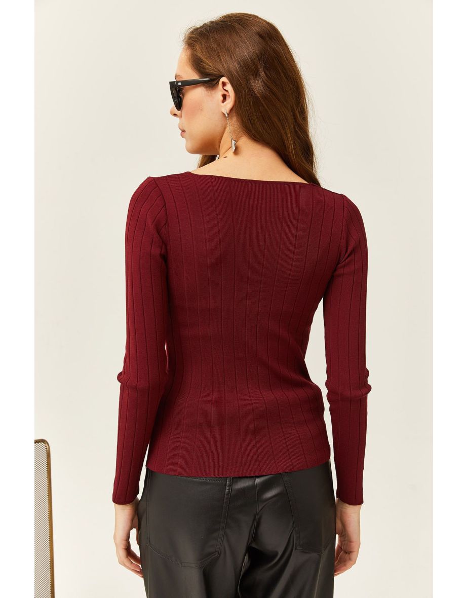 Women's Claret Red Square Collar Thick Ribbed Knitwear Blouse - 2