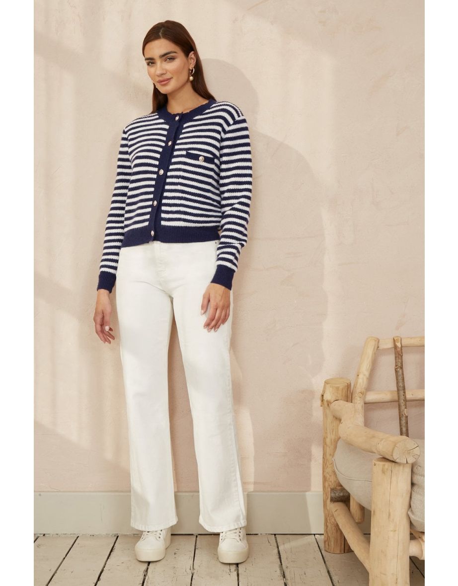 Yumi Navy Stripe Knit Relaxed Fit Cardigan
