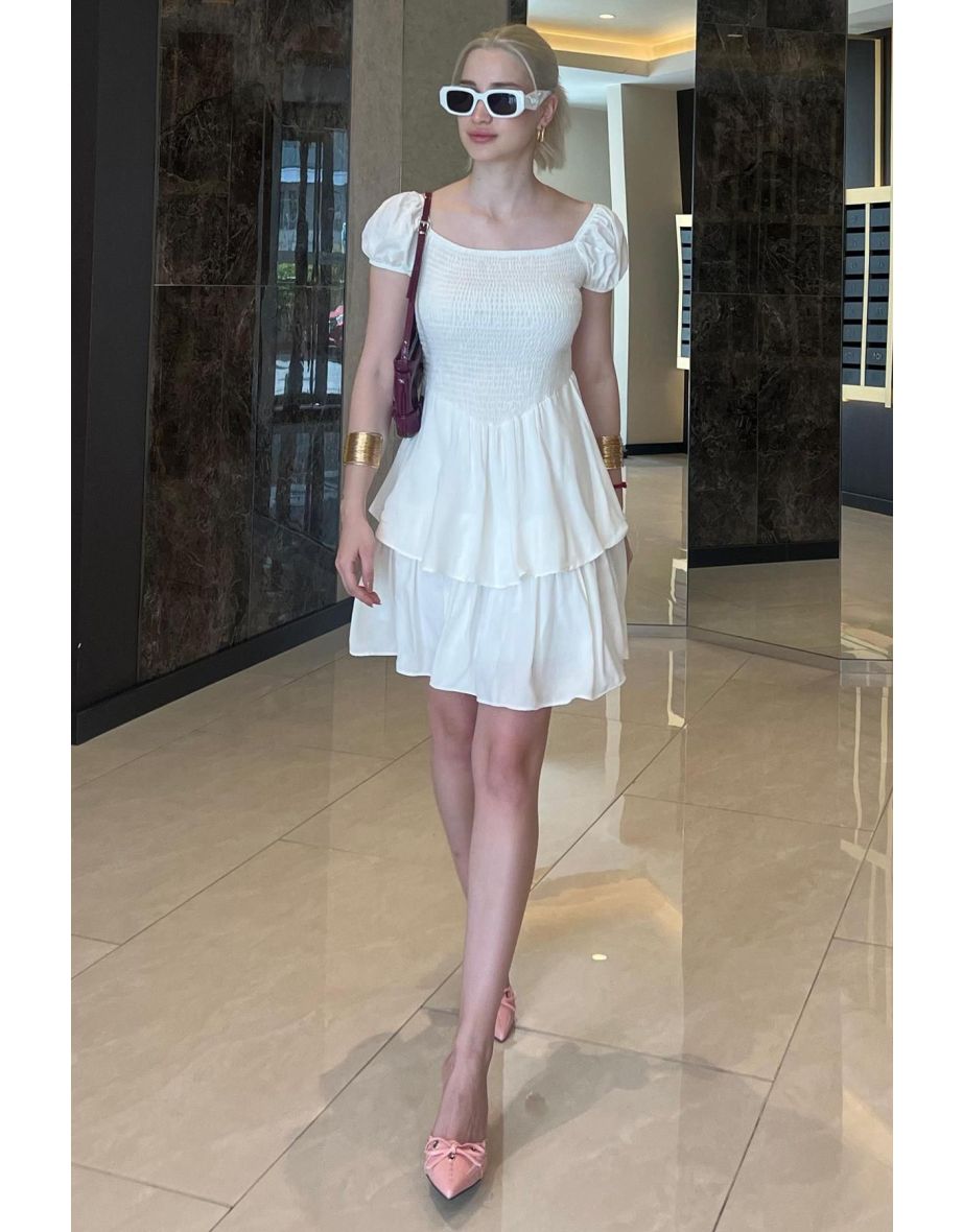 White Layered Skirt with Gathered Waist Dress - 7