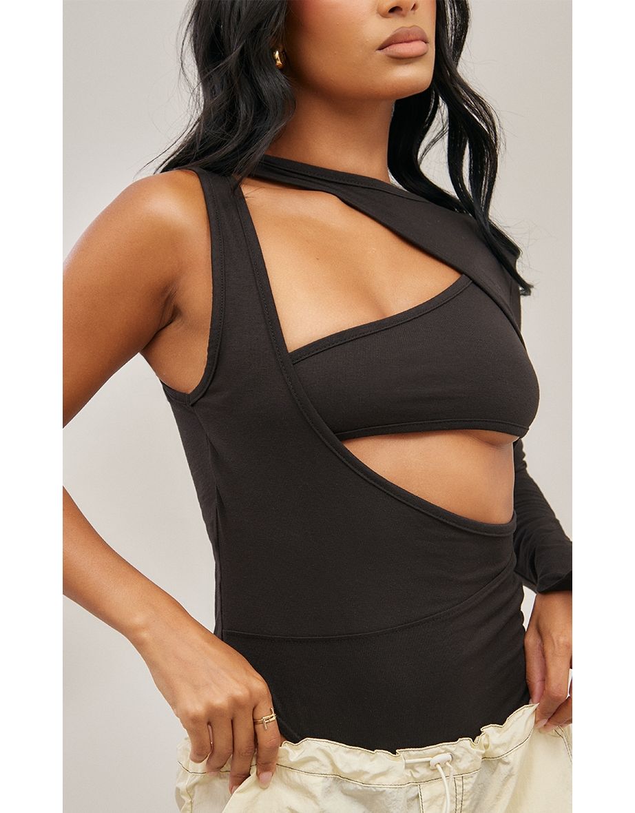 Black Cotton One Shoulder Cut Out Bodysuit - 3