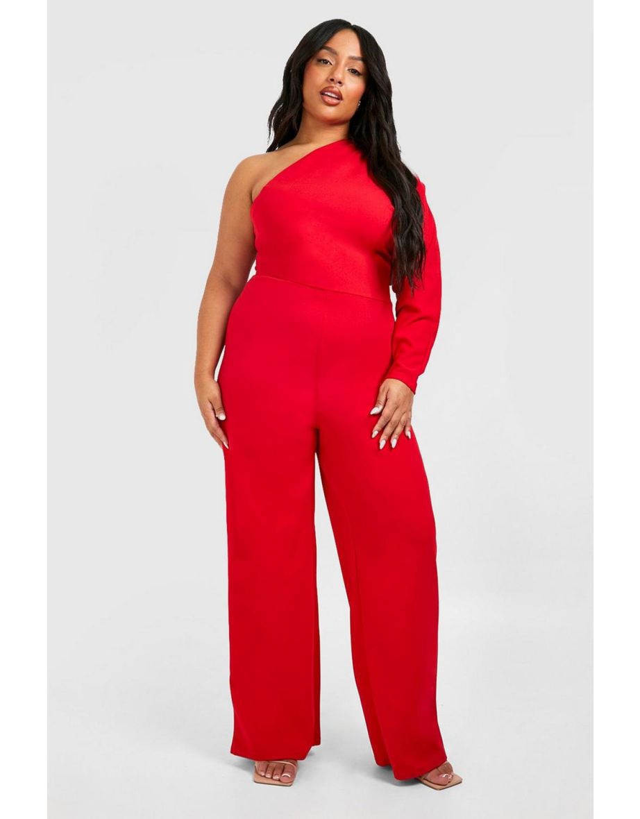 Plus One Shoulder Wide Leg Jumpsuit - red
