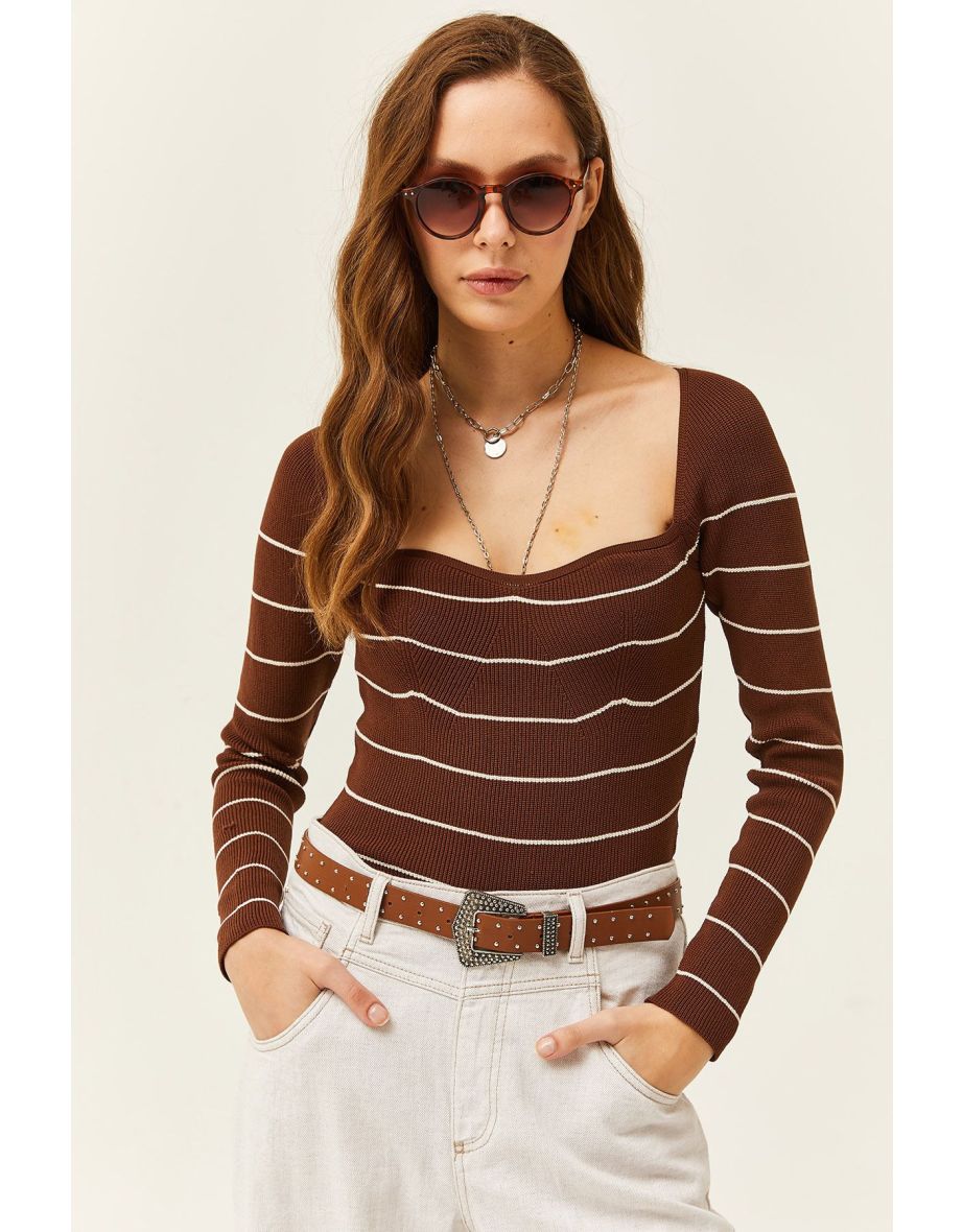 Women's Striped Bitter Brown Kissed Collar Crop Knitwear Blouse - 4