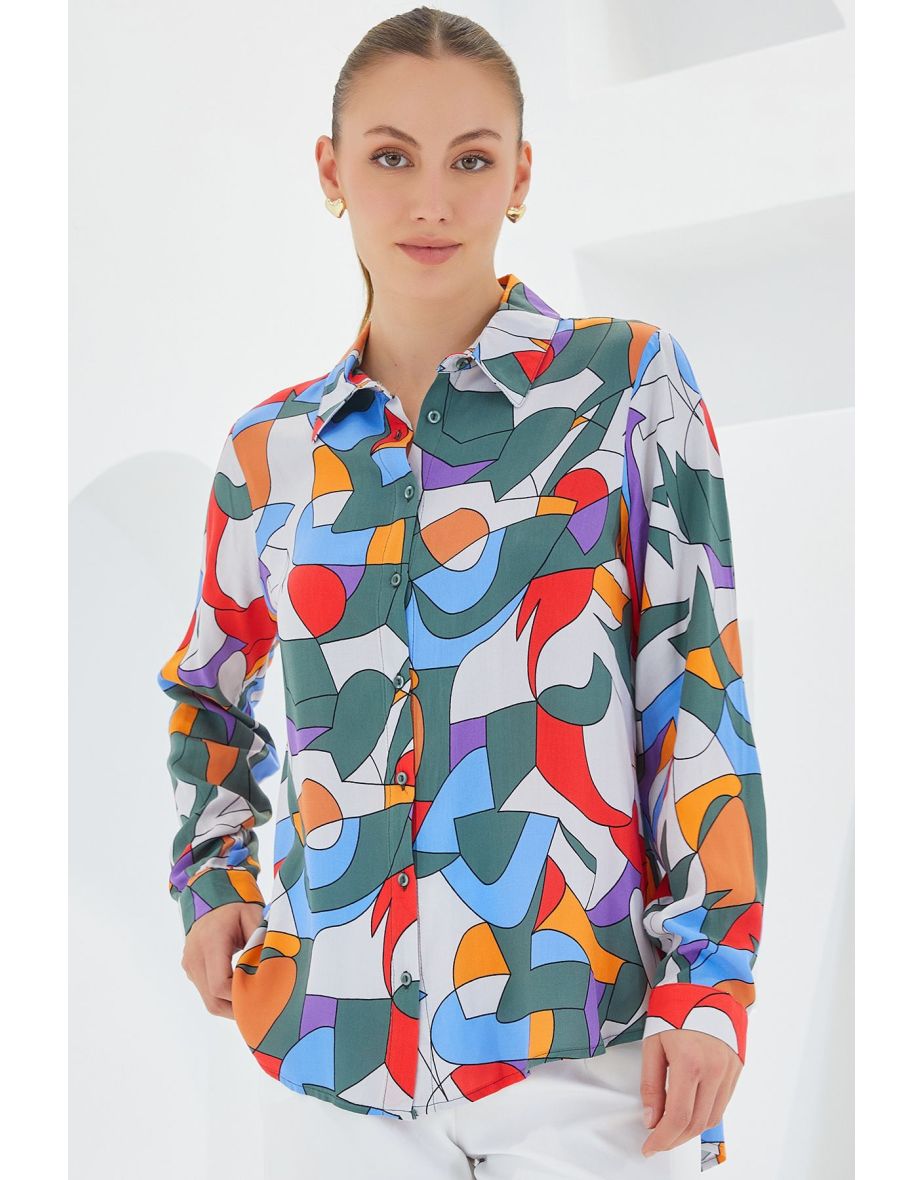 Women's Khaki Blue Graphic Patterned Viscose Shirt