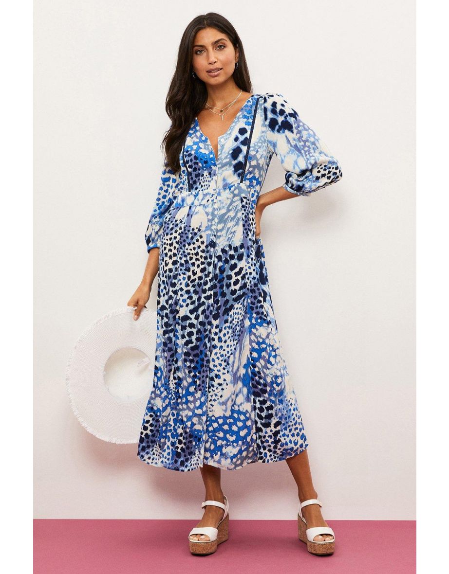 Blue Animal Midi Button Through Dress