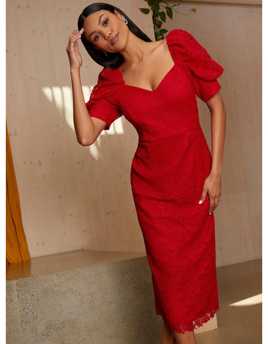 Puff Sleeve Premium Lace Bodycon Midi Dress in Red - 3
