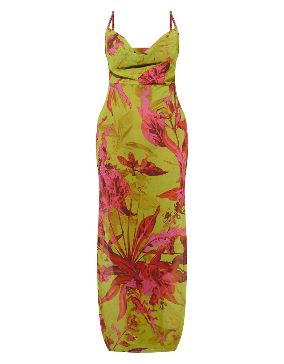 Green Abstract Floral Print Sheer Chiffon Lace Up Back Maxi Dress - 4