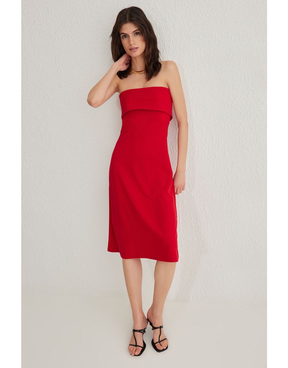 Red Strapless A Line/Flare Cut Midi Knit Dress