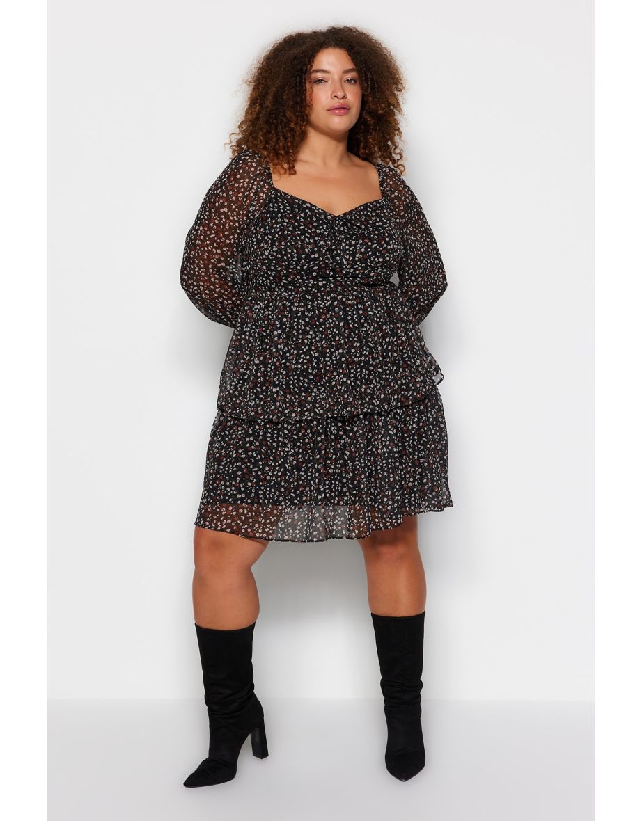 Black Plus Floral Chiffon Column Mini Smock Dress with Long Sleeves