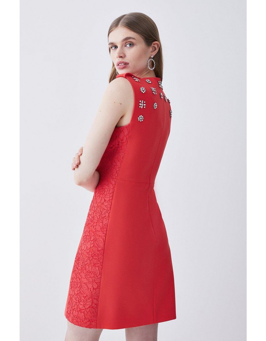 Crystal Embellished Lace Mix Mini Dress - 2