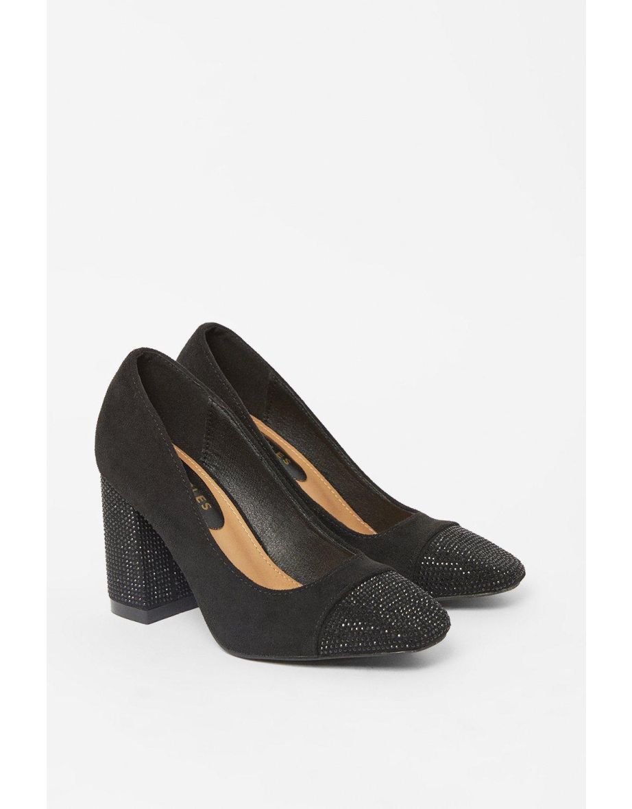Principles: Dita Diamante Toe Cap Block Heel Court Shoes - natural black - 3