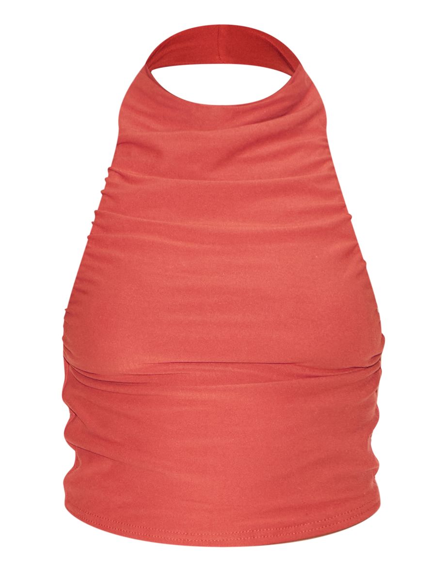 Rust Soft Touch Ruched Halter Crop Top - 4