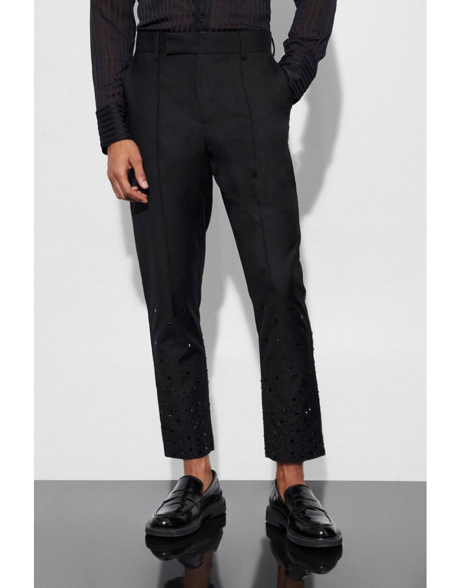 Rhinestone Detail Tapered Suit Trousers - black