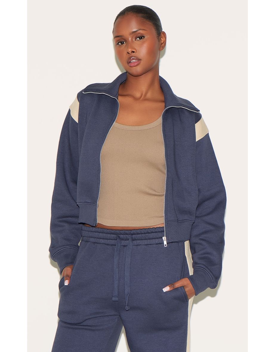 Midnight Blue Contrast Panel Zip Through Collared Sweatshirt