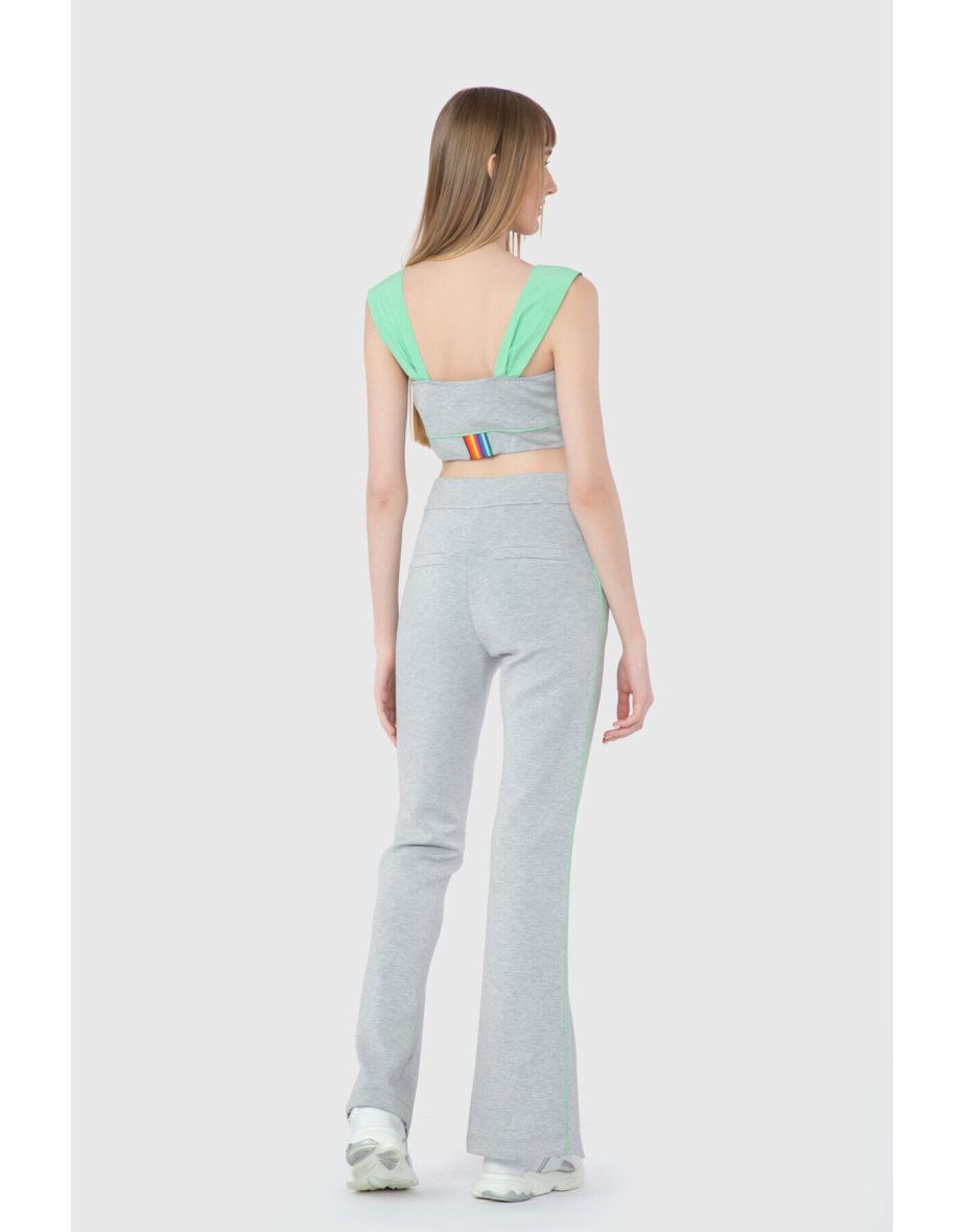 Embroidery Logo High Waist Gray Trousers With Slit Legs - 1