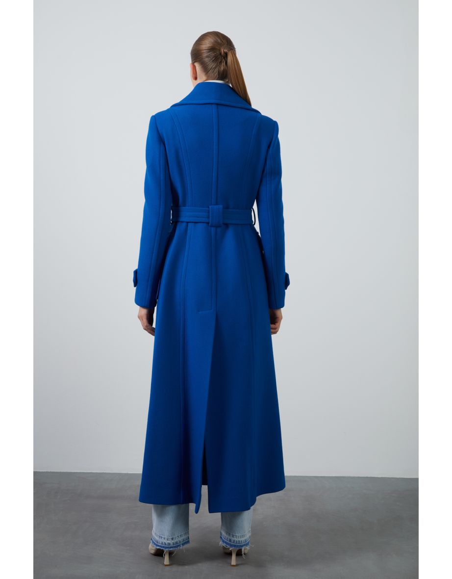 Wide Pocket Long Blue Coat With Mobile Belt - 3