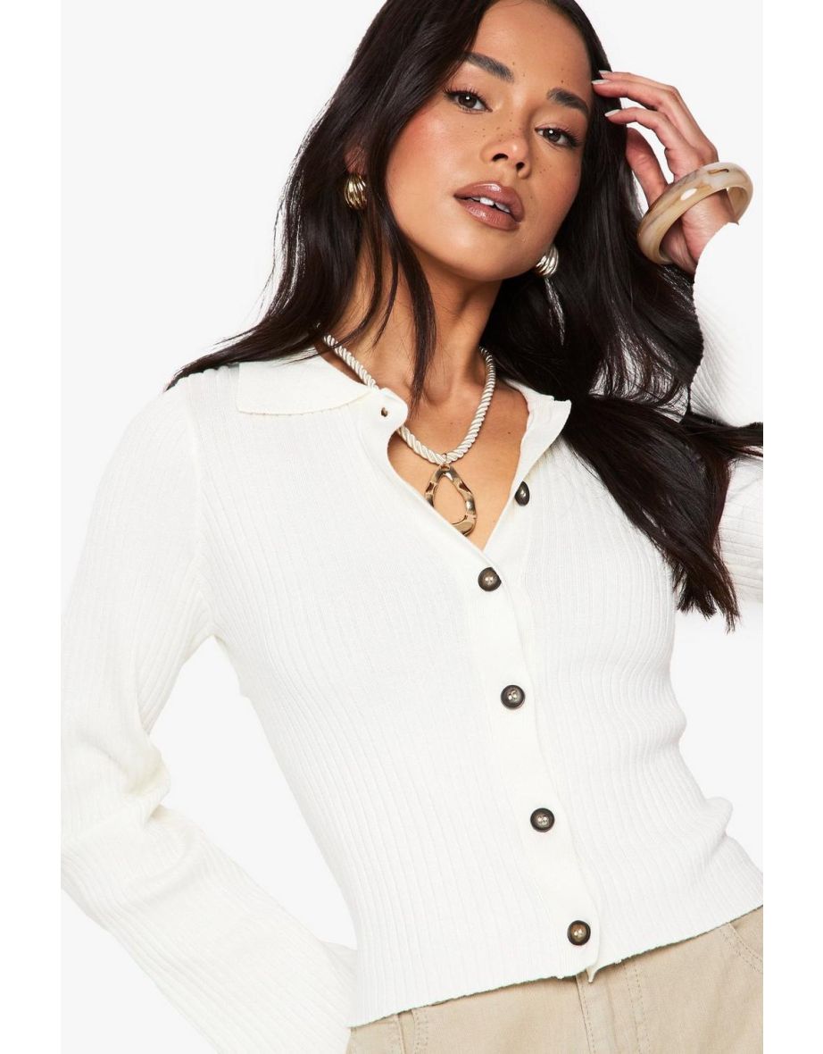 Lightweight Collared Rib Knit Cardigan - cream - 3