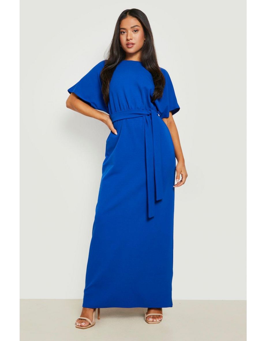 Petite Slash Tie Waist Cape Sleeve Maxi Dress - cobalt