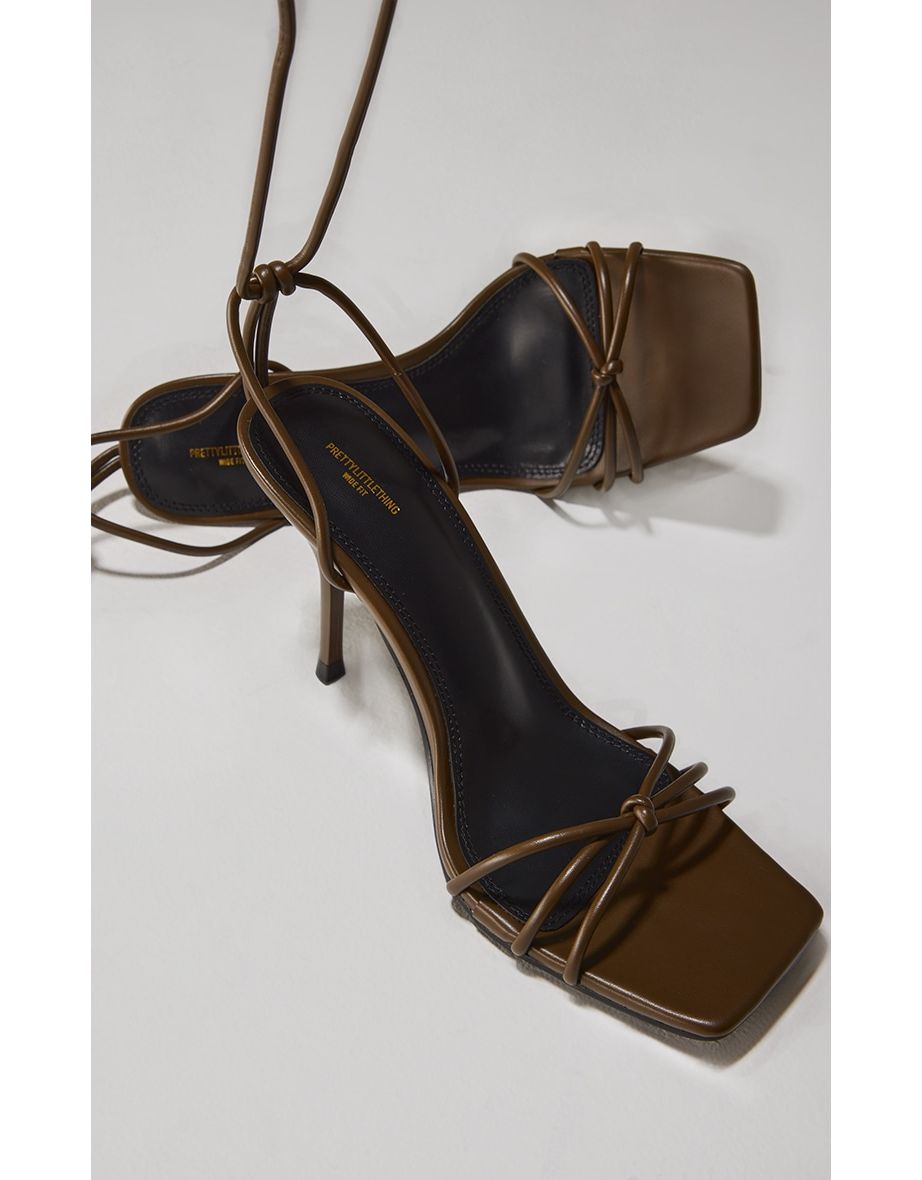 Wide Fit Olive PU Square Toe Lace Up High Stiletto Heeled Sandals - 3