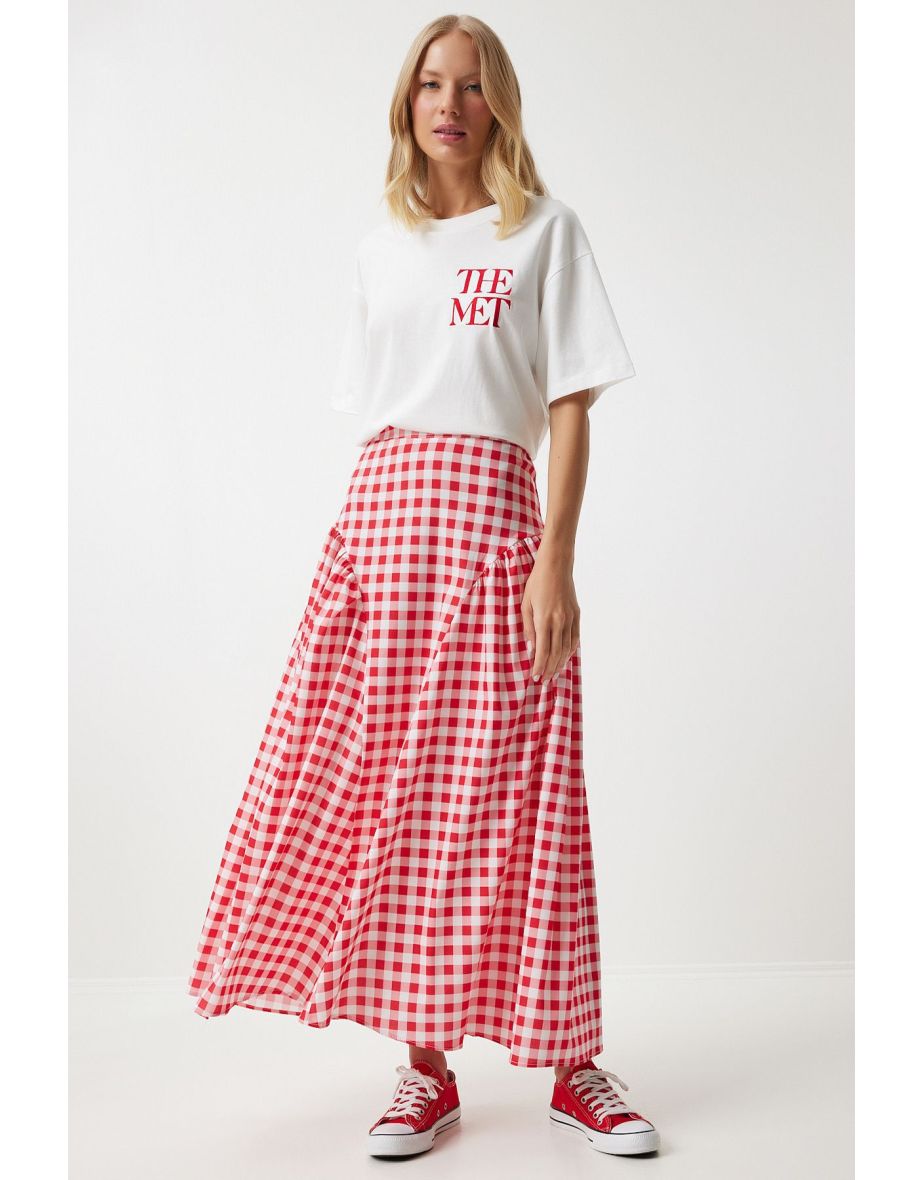 Women's Dark Pink Gingham Flounce Summer Poplin Skirt