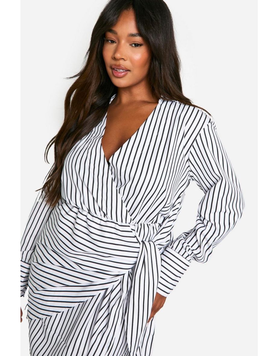 Plus Woven Stripe Wrap Shirt Dress - white - 3