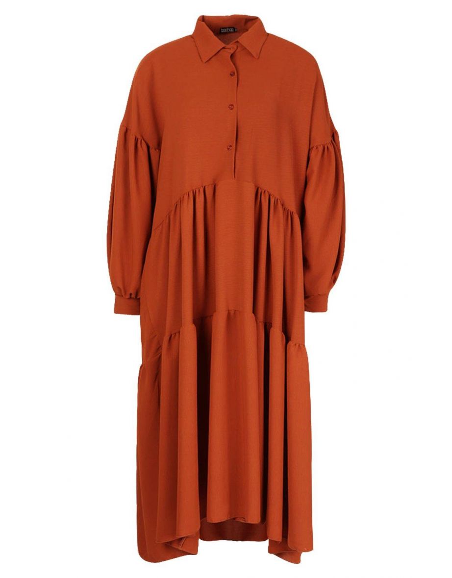 Oversized Tiered Maxi Shirt Dress - rust - 3