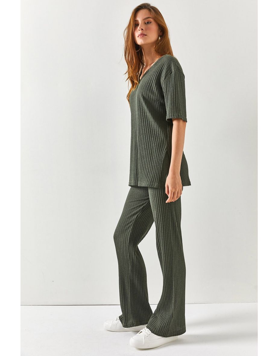 Women's Khaki Top V-neck Lower Palazzo Corduroy Suit - 8