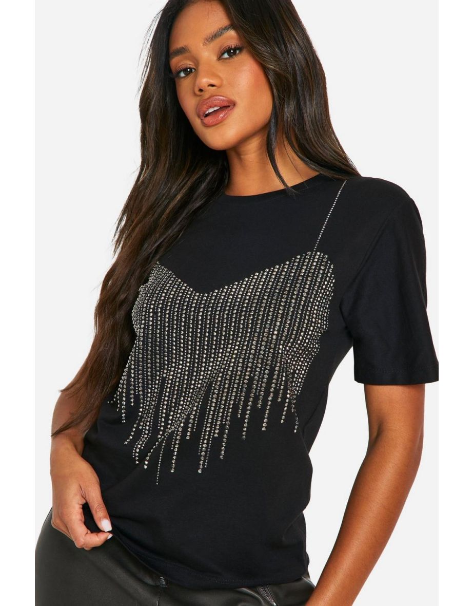 Hot Fix Diamante Bra Detail Oversized T-shirt - 3