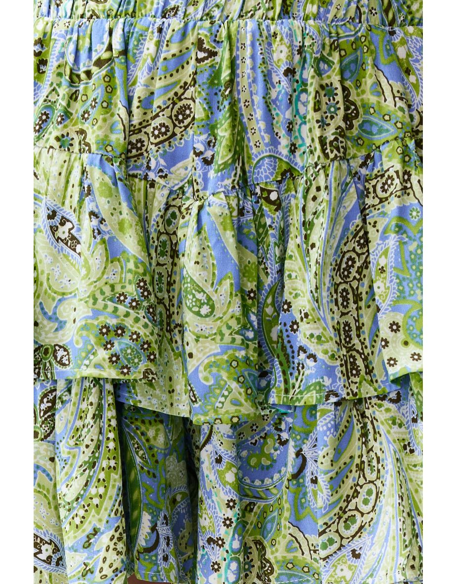 Green Shawl Pattern Frilly Waist Rubber Detailed Viscose Woven Shorts - 7