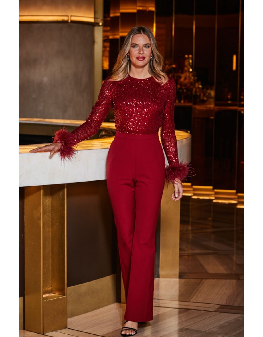 Ruby Red Sequin Two Part Feather Trim Kick Flare Jumpsuit - 4