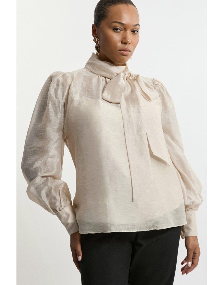 Plus Size Linen Blend Organdie Woven Bow Blouse