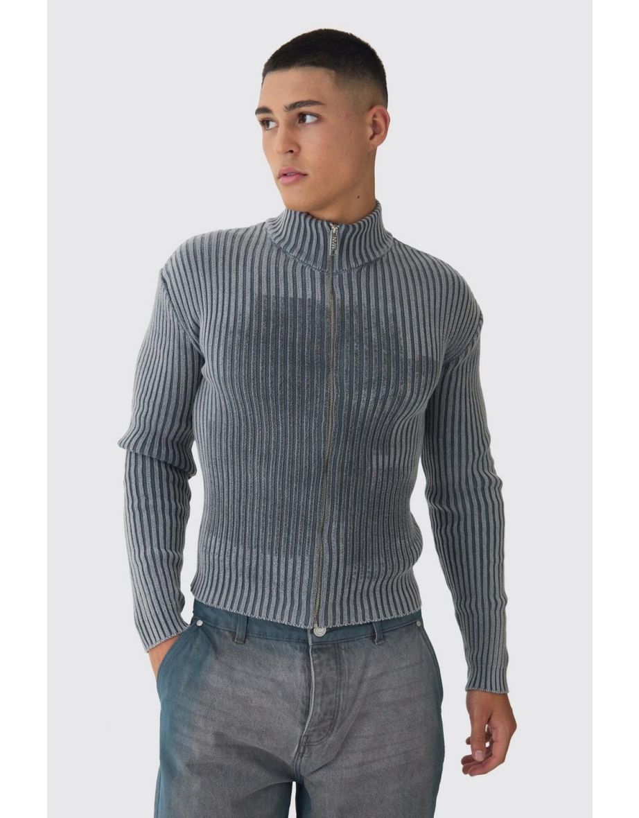 Muscle Fit Acid Wash Knit Zip Through Jumper