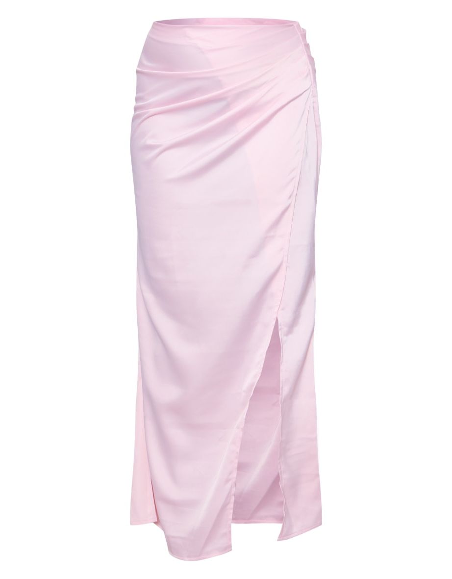 Pale Pink Structured Satin V Front Ruched Split Front Skirt - 4