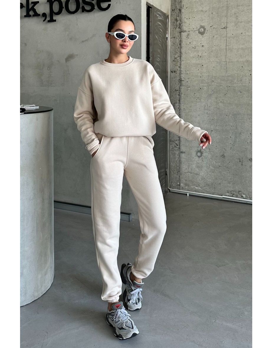 Beige Crew Neck Plain Oversize Bottom-Top Tracksuit Set - 6