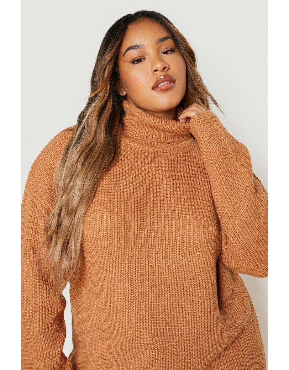 Plus Roll Neck Jumper Dress - taupe - 3