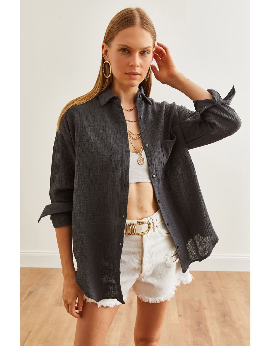 Women's Anthracite Oversize Basic Muslin Shirt