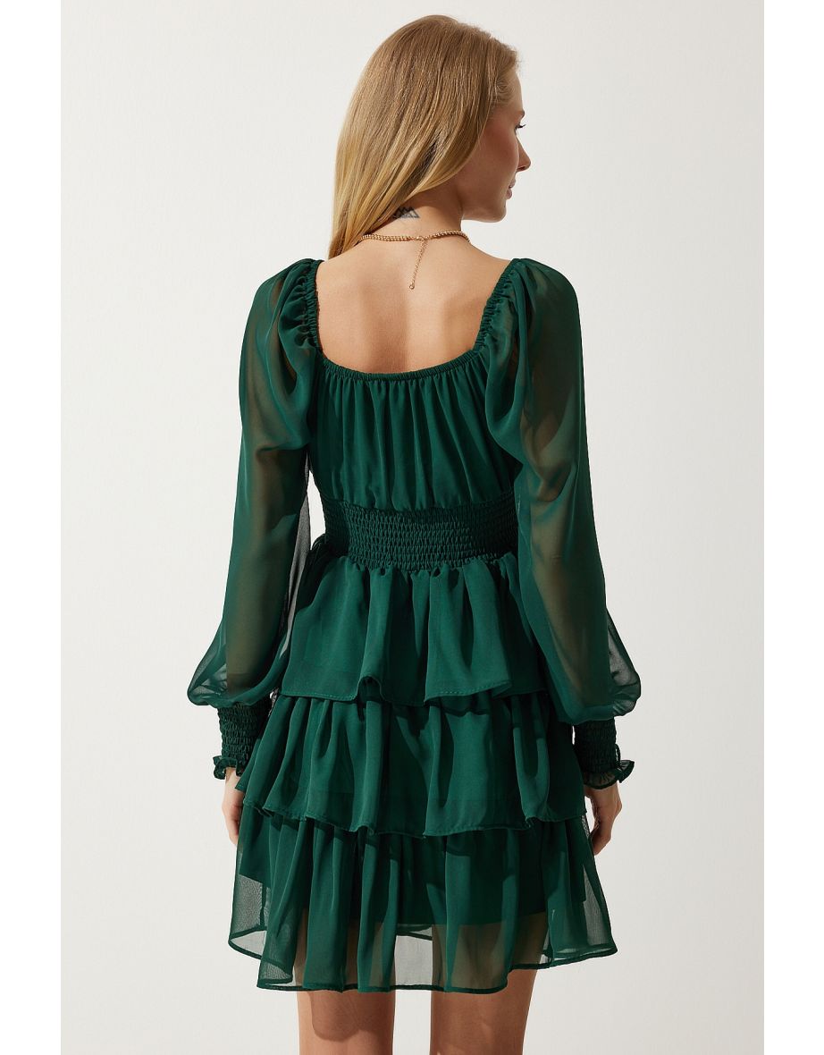 Women's Emerald Green Flounce Chiffon Dress - 9