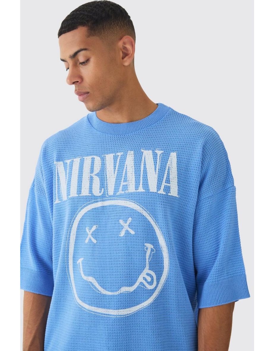 Oversized Open Stitch Nirvana Printed Knitted T-shirt - light blue - 2