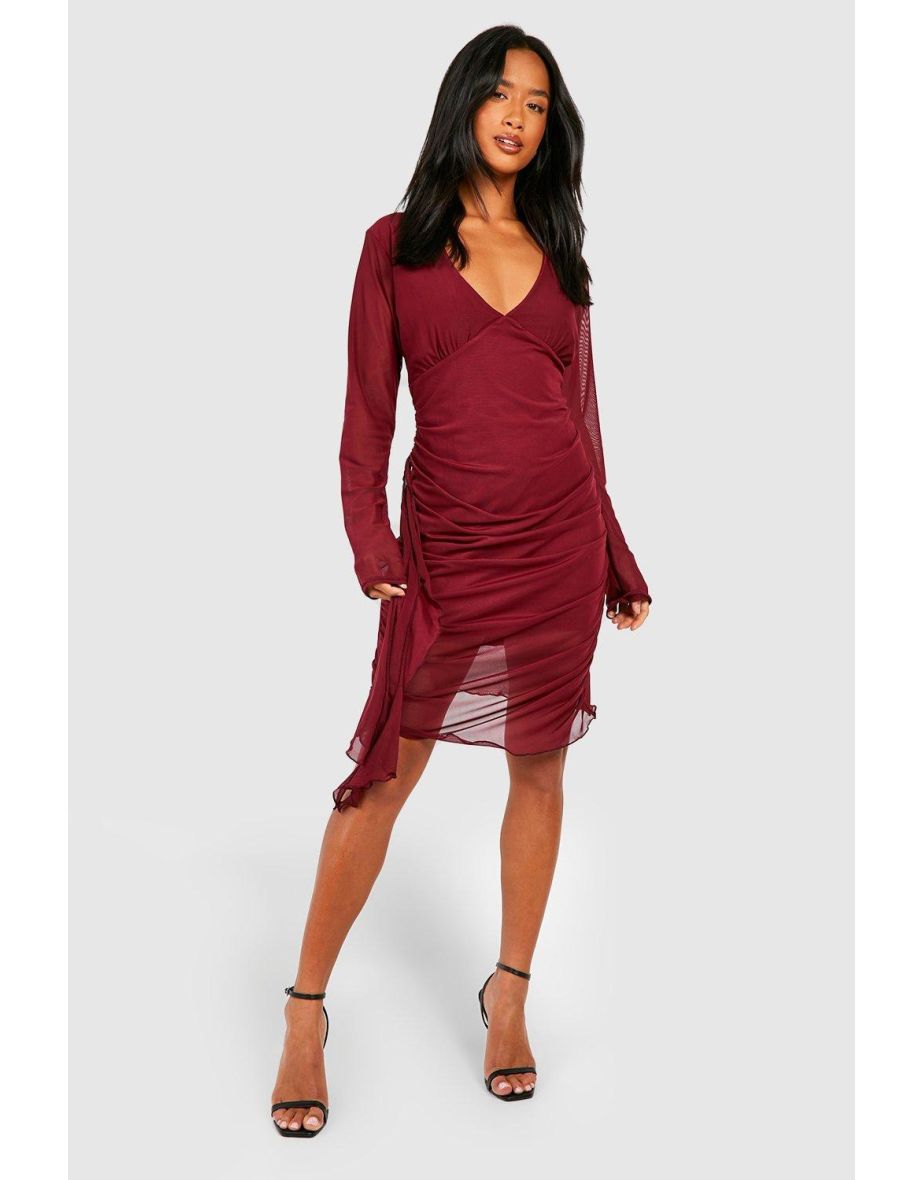 Shop Petite Mesh Plunge Ruffle Front Midi Dress red Online in Qatar VogaCloset