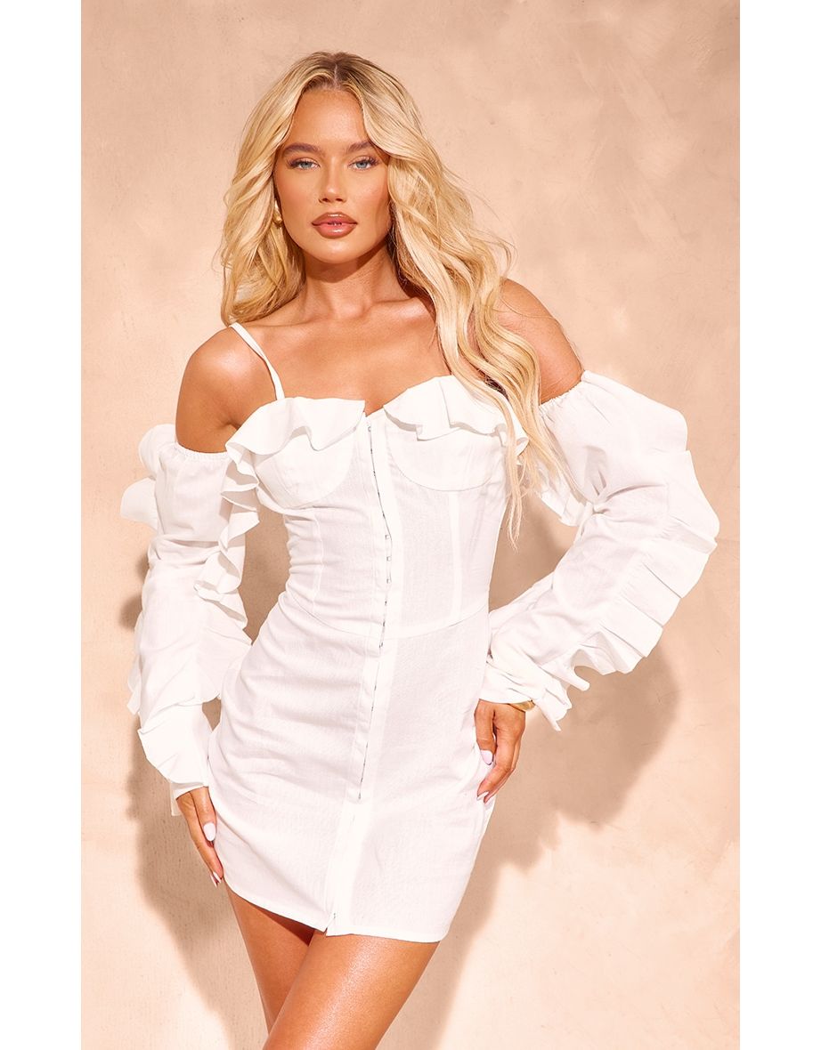 Shop Cream Linen Look Frill Bardot Bodycon Dress Online in Bahrain VogaCloset