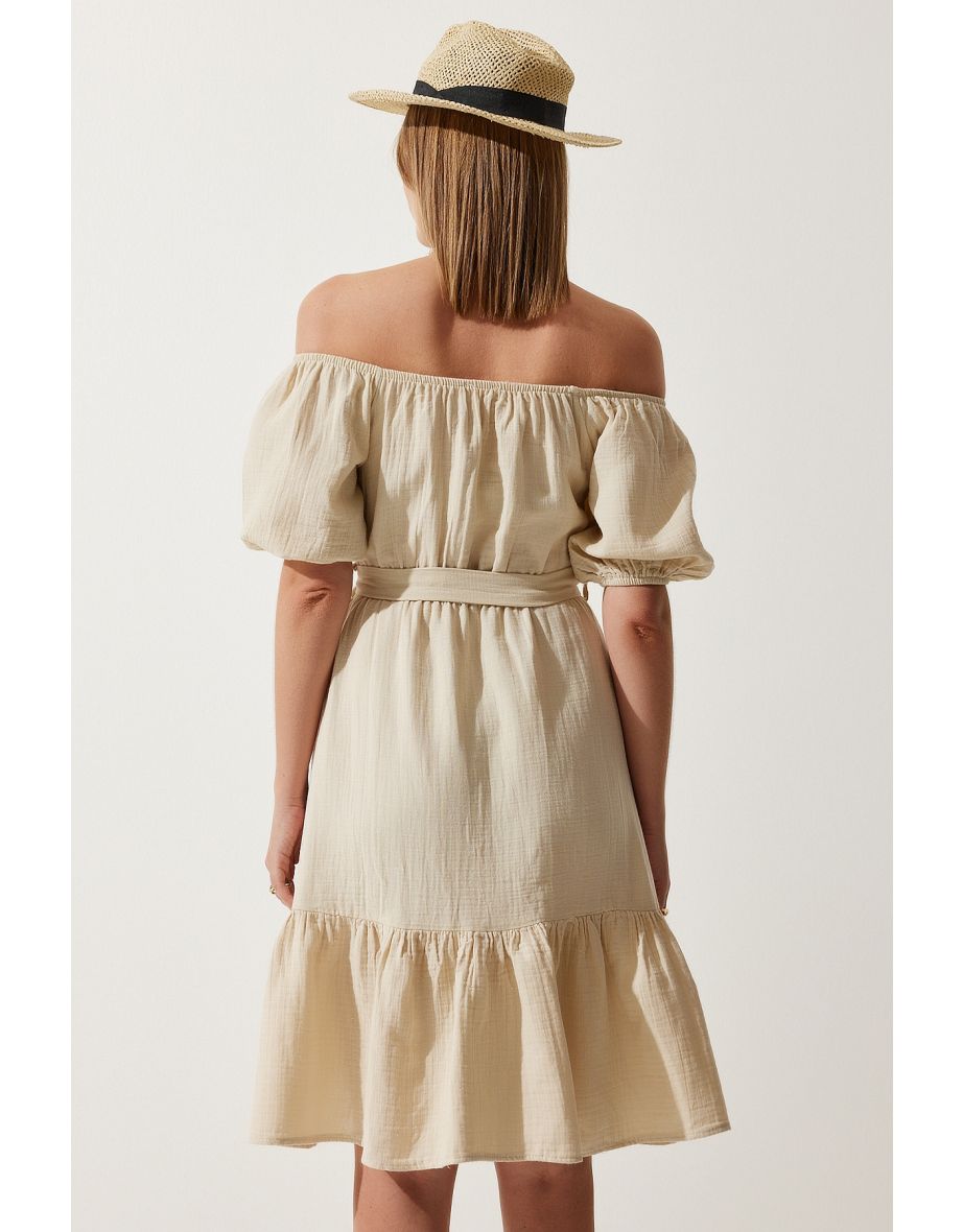 Women's Cream Carmen Collar Belted Summer Muslin Dress - 5