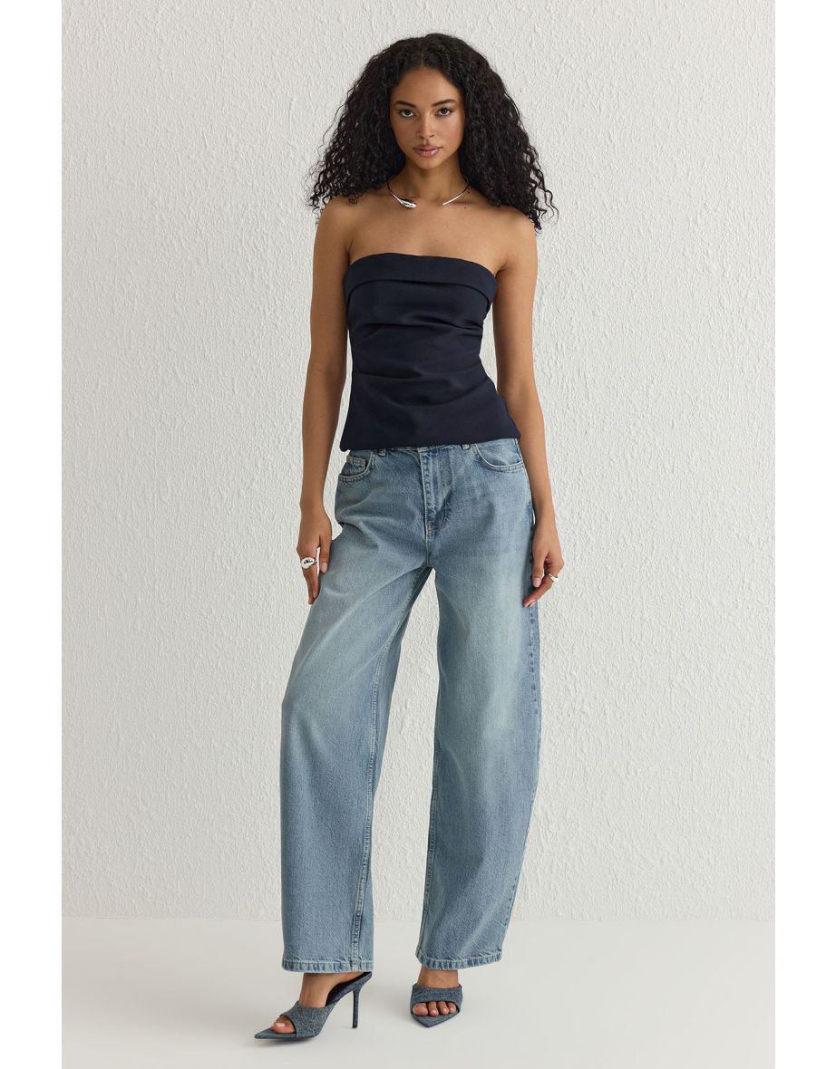Dark Navy Strapless Fitted Draped Woven Woven Blouse
