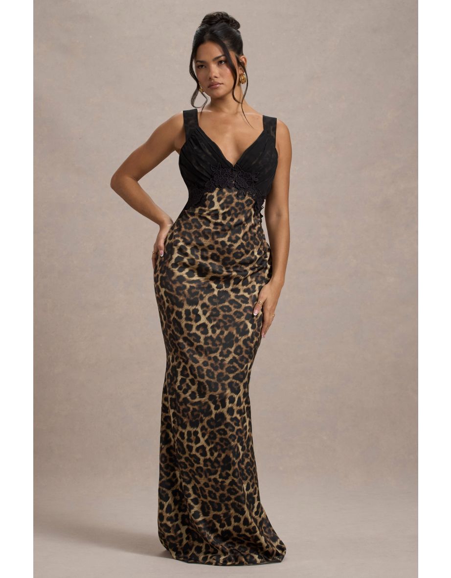 Sahara | Leopard Print Satin V-Neck Maxi Dress With Black Lace Trim
