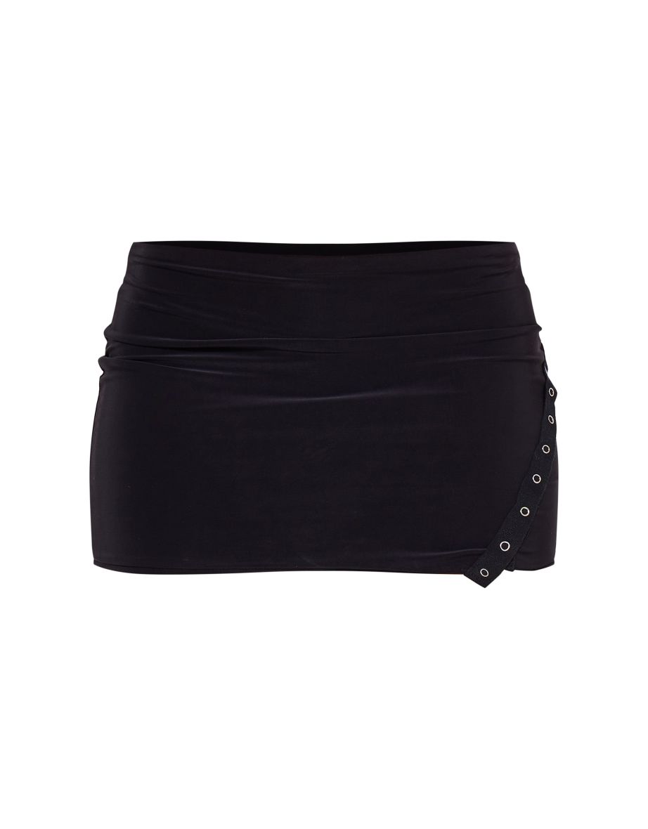 Black Slinky Low Rise Slit Hem Eyelet Detail Micro Mini Skirt - 5