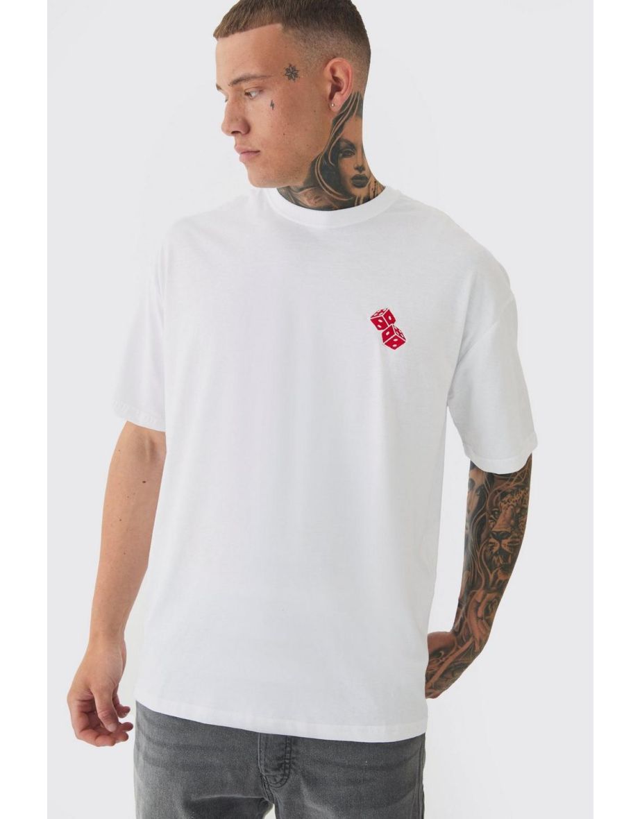 Tall Oversized Tall Red Dice Embroidered T-shirt In White - white