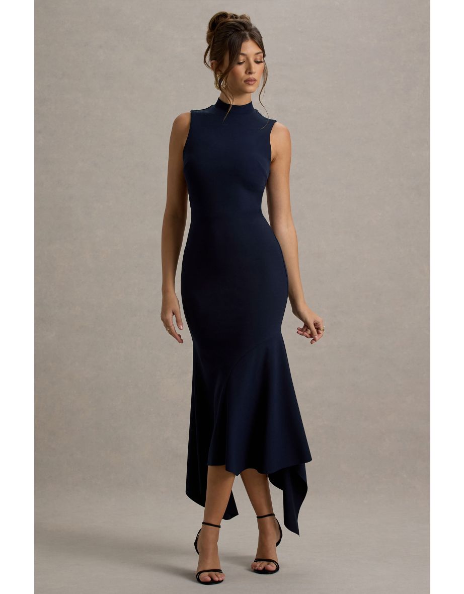 Janice | Navy High-Neck Hanky-Hem Maxi Dress