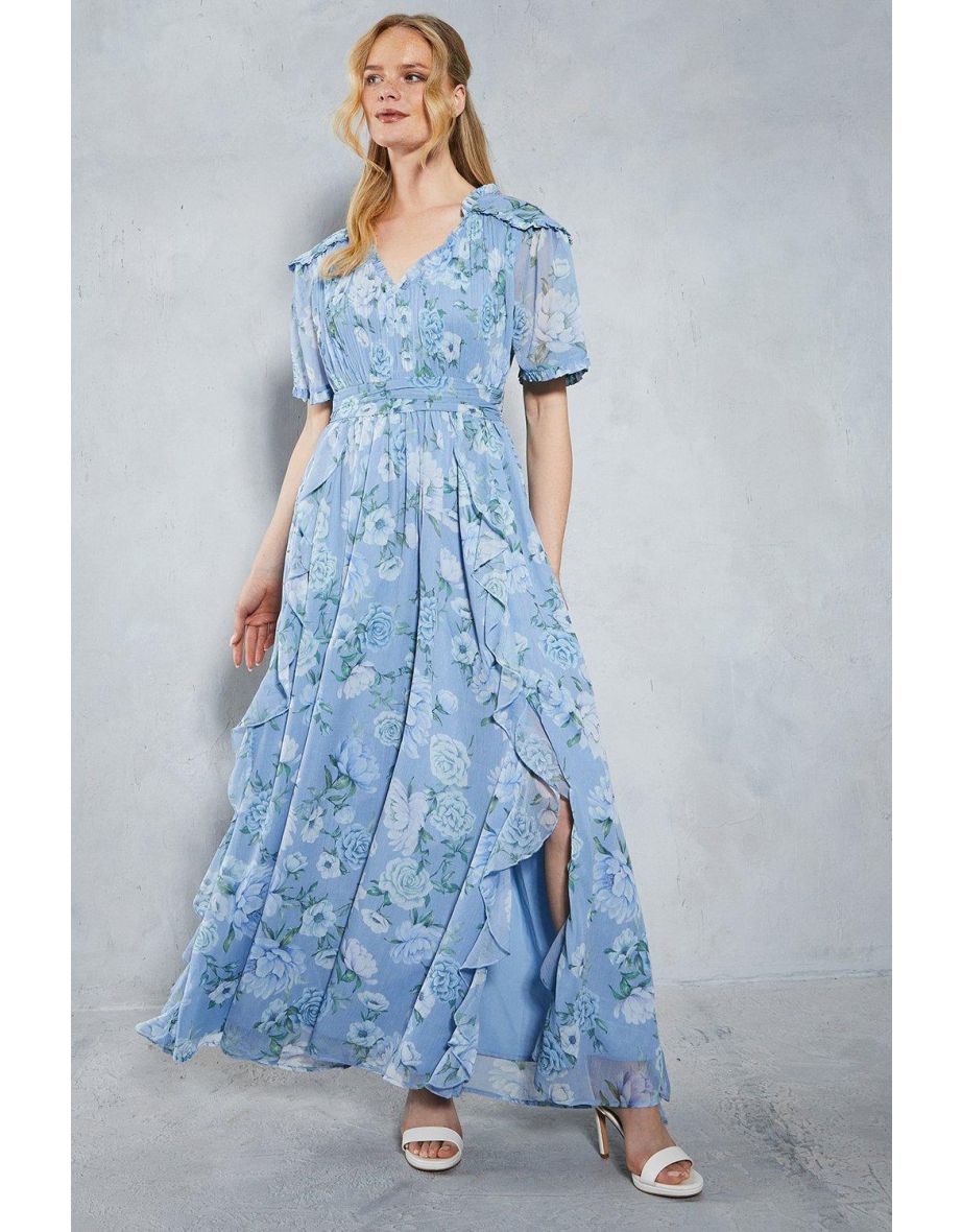 Soft Floral Ruffle Angel Sleeve Maxi Bridesmaids Dress