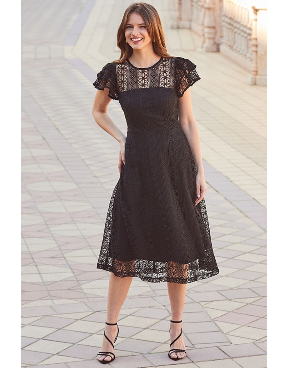Black Broderie Lace Flutter Sleeve Fit & Flare Midi Dress - 4